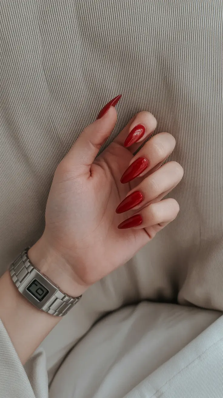 red nails inspiration 2026 Long Ferrari Red Almond Nails