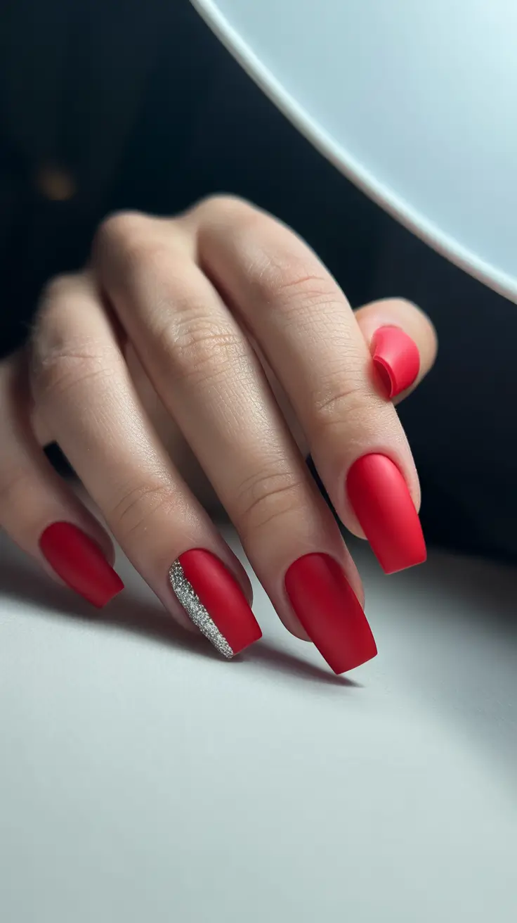 red nails inspiration 2026 Matte Red Square Nails with Silver Glitter Edge Accent