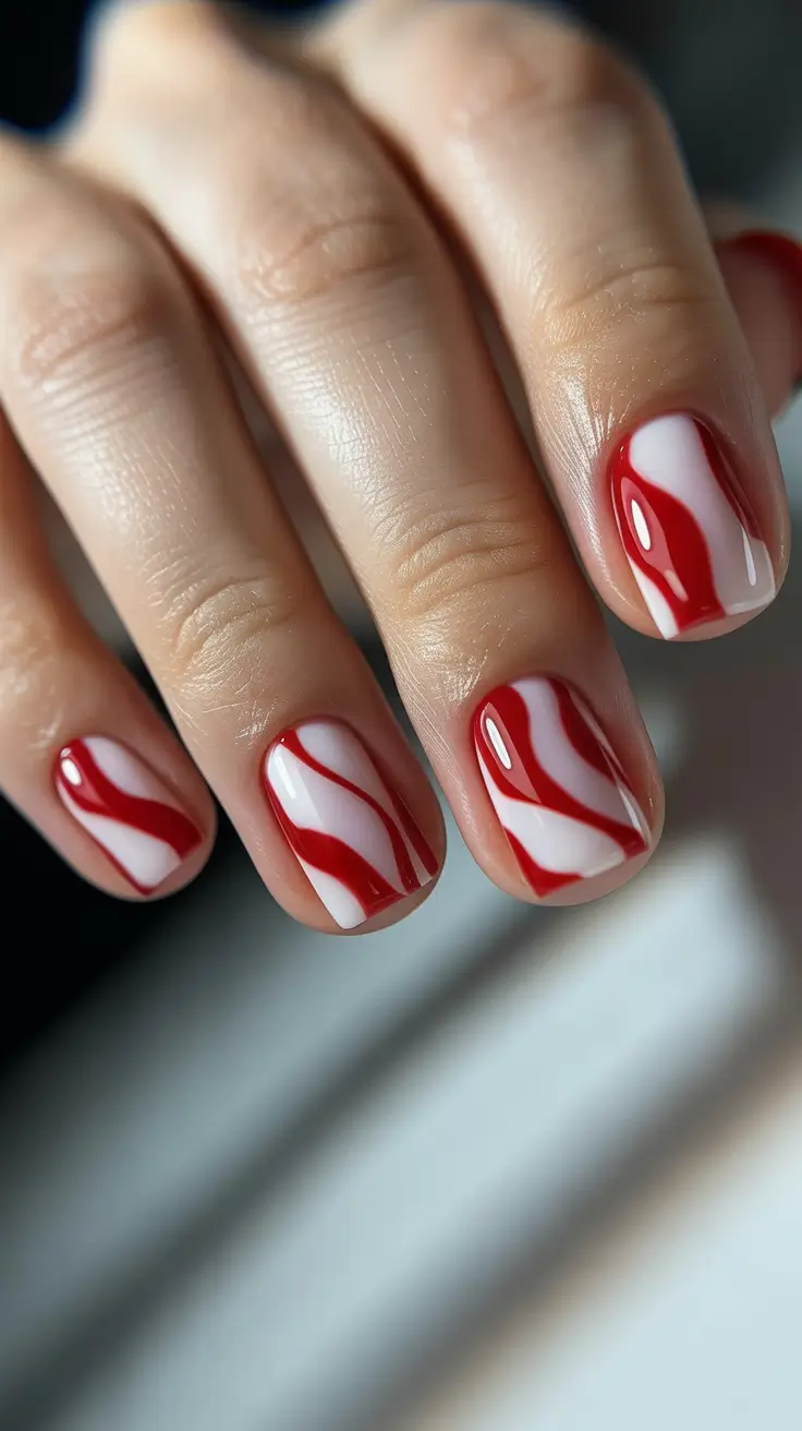 red nails inspiration 2026 Peppermint Swirl Short Red Nails