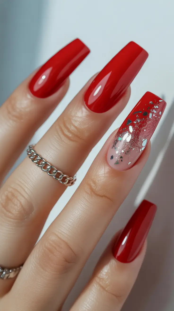 red nails inspiration 2026 Long Red Coffin Nails with Silver Foil Gradient Accent