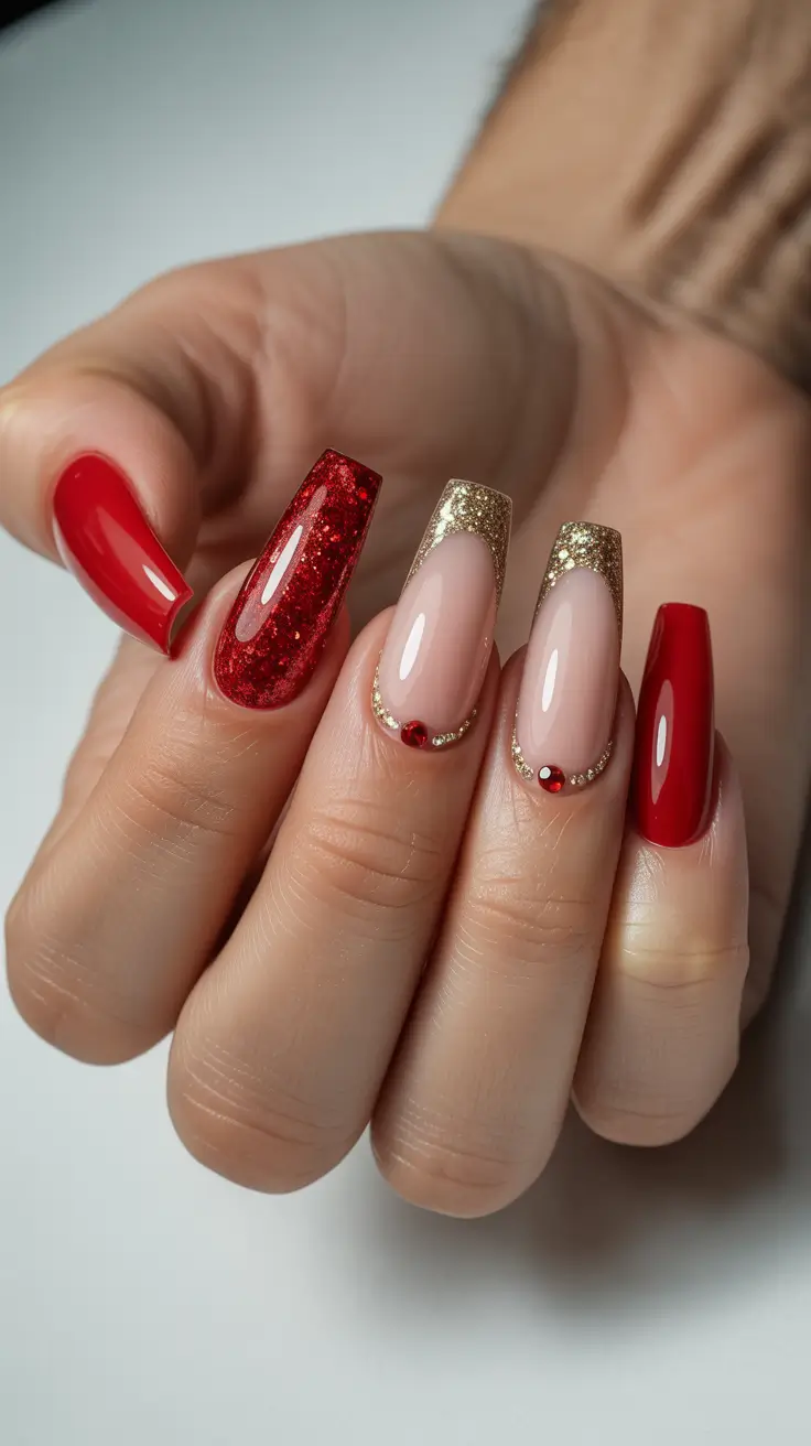 red nails inspiration 2026 Holiday Gold and Red Glam Mix