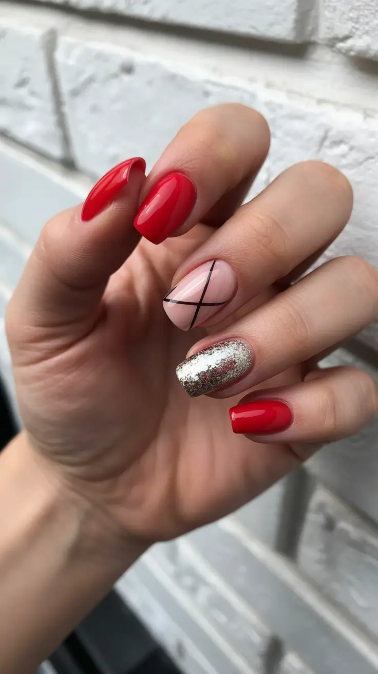 red nails inspiration 2026 Red, Nude & Modern Linework Fusion
