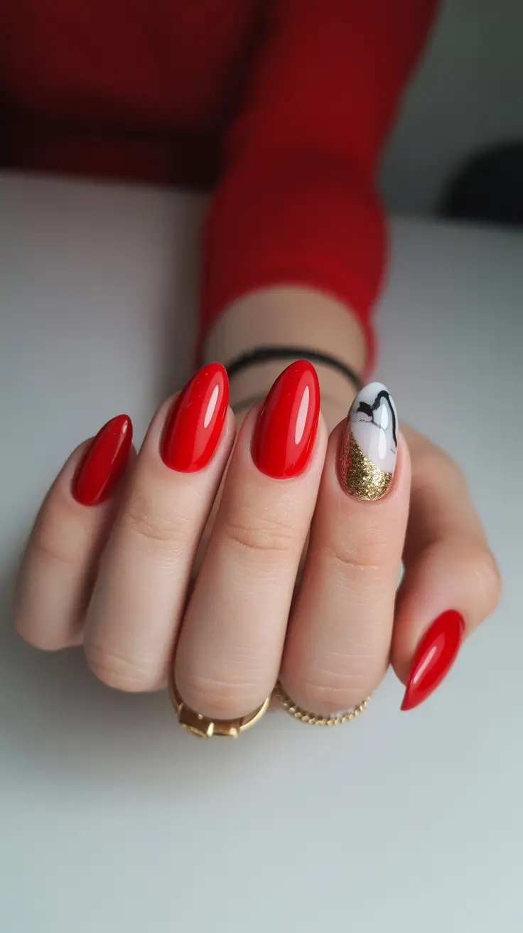 red nails inspiration 2026 Festive Red Almond Nails with Gold Accent & Soft Line Art
