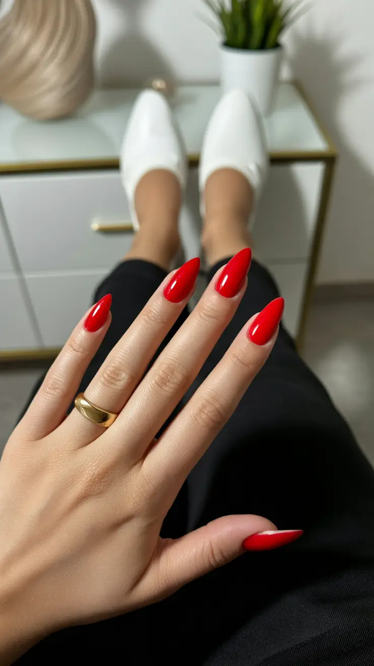 red nails inspiration 2026 Bright Red Almond Nails With Clean Minimal Aesthetic