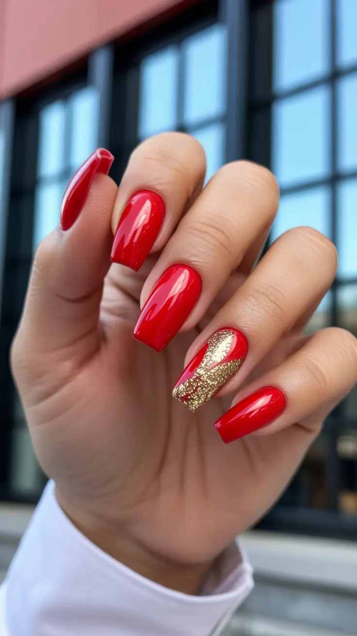 red nails inspiration 2026 Square Red Nails with Sculpted Gold Glitter Accent