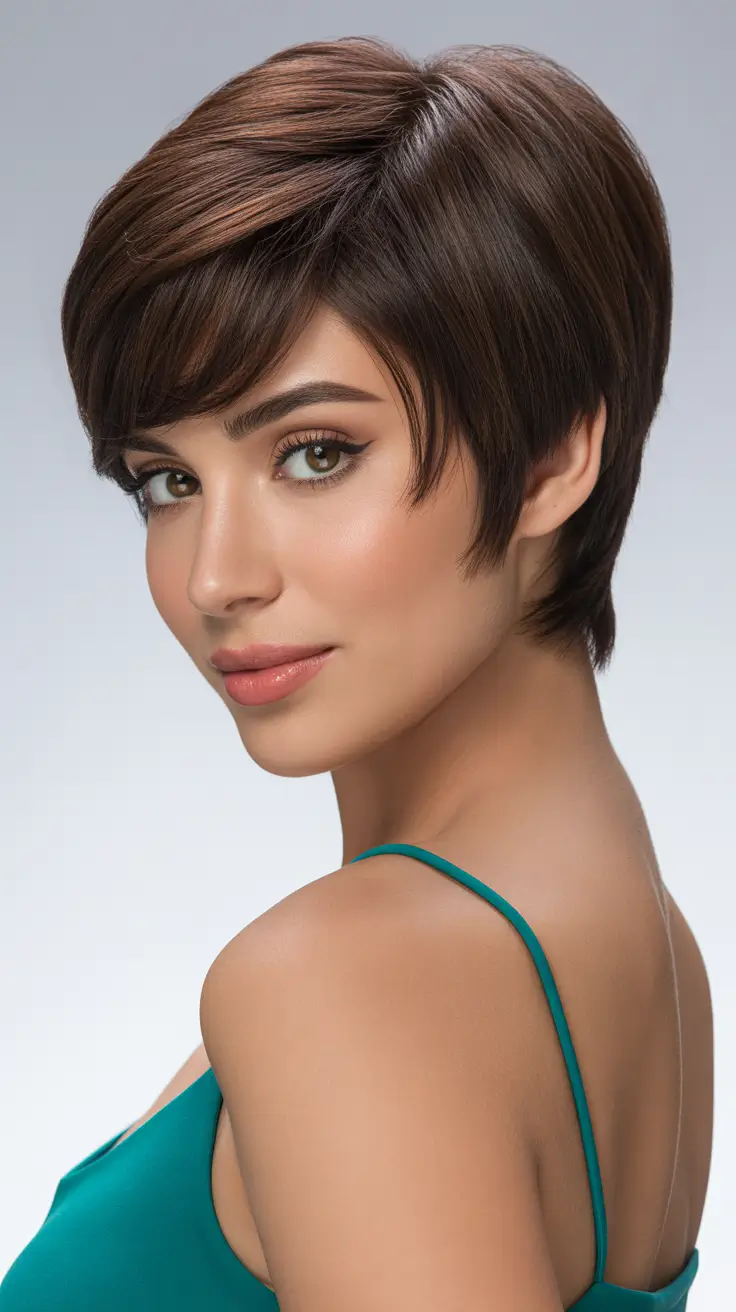 Short haircut inspiration 2026 Elegant Cocoa Pixie Sweep