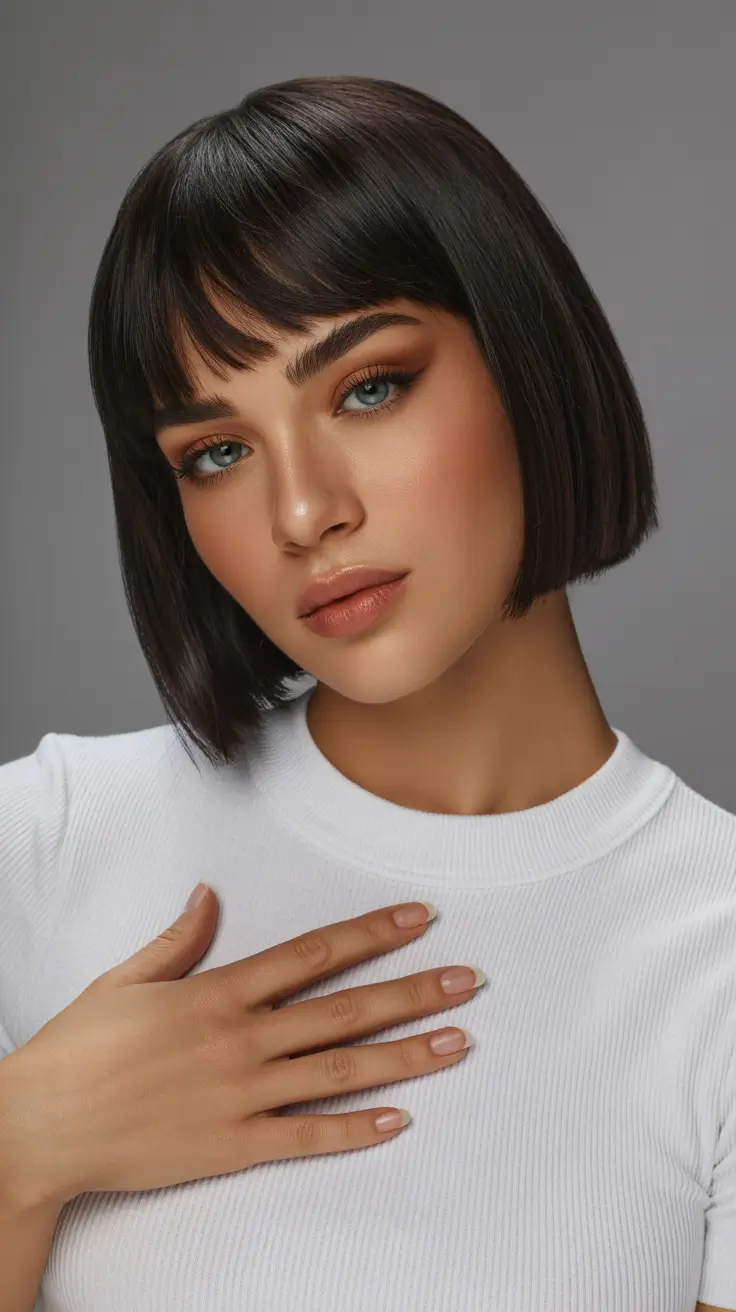 Short haircuts with bangs 2026 Modern French Bob with Baby Bangs