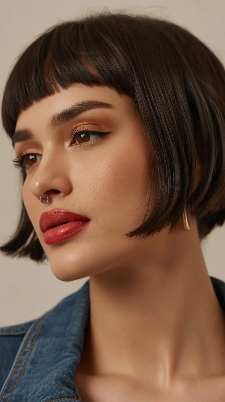 Short haircuts with bangs 2026 French-Inspired Bob with Sharp Baby Bangs