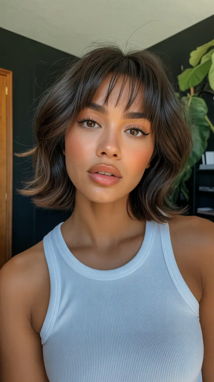 Short haircuts with bangs 2026 Textured Wavy Bob with Feathered Bangs