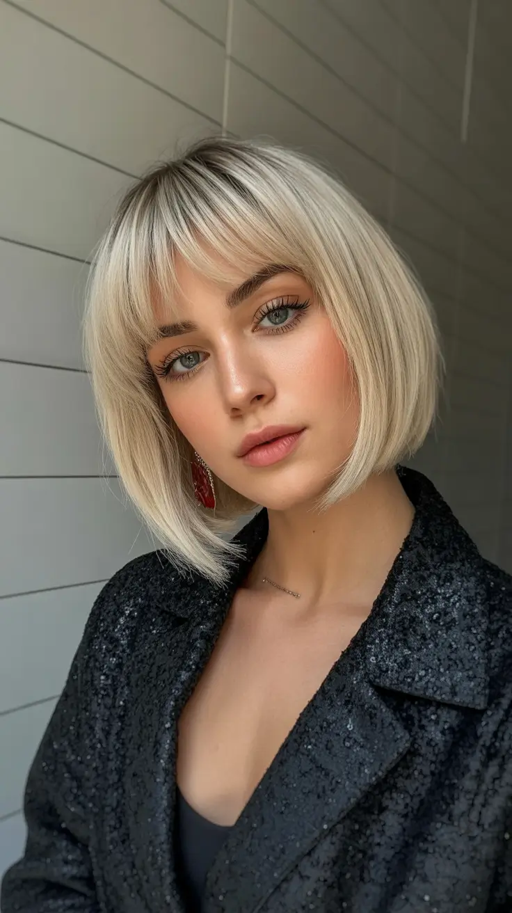 Short haircuts with bangs 2026 Platinum Polished Bob with Soft Bangs