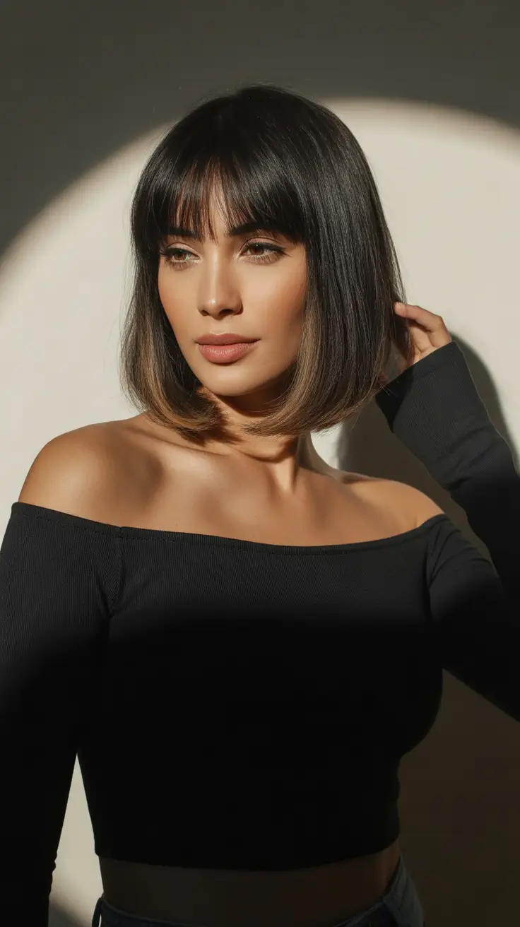 Short haircuts with bangs 2026 Glossy Brunette Lob with Wispy Bangs