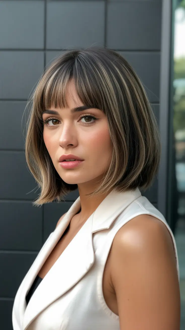 Short haircuts with bangs 2026 Dimensional Highlight Bob with Light Bangs