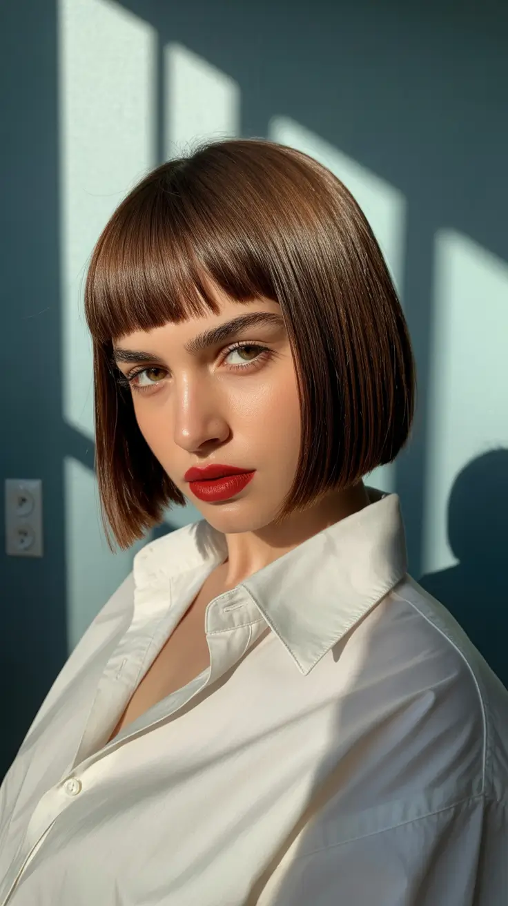 Short haircuts with bangs 2026 Glossy Short Bob with a Retro Edge