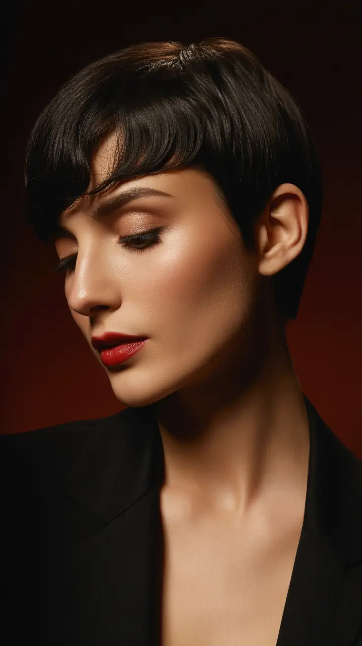 Short haircuts with bangs 2026 Short Sculpted Pixie with Glossy Bangs