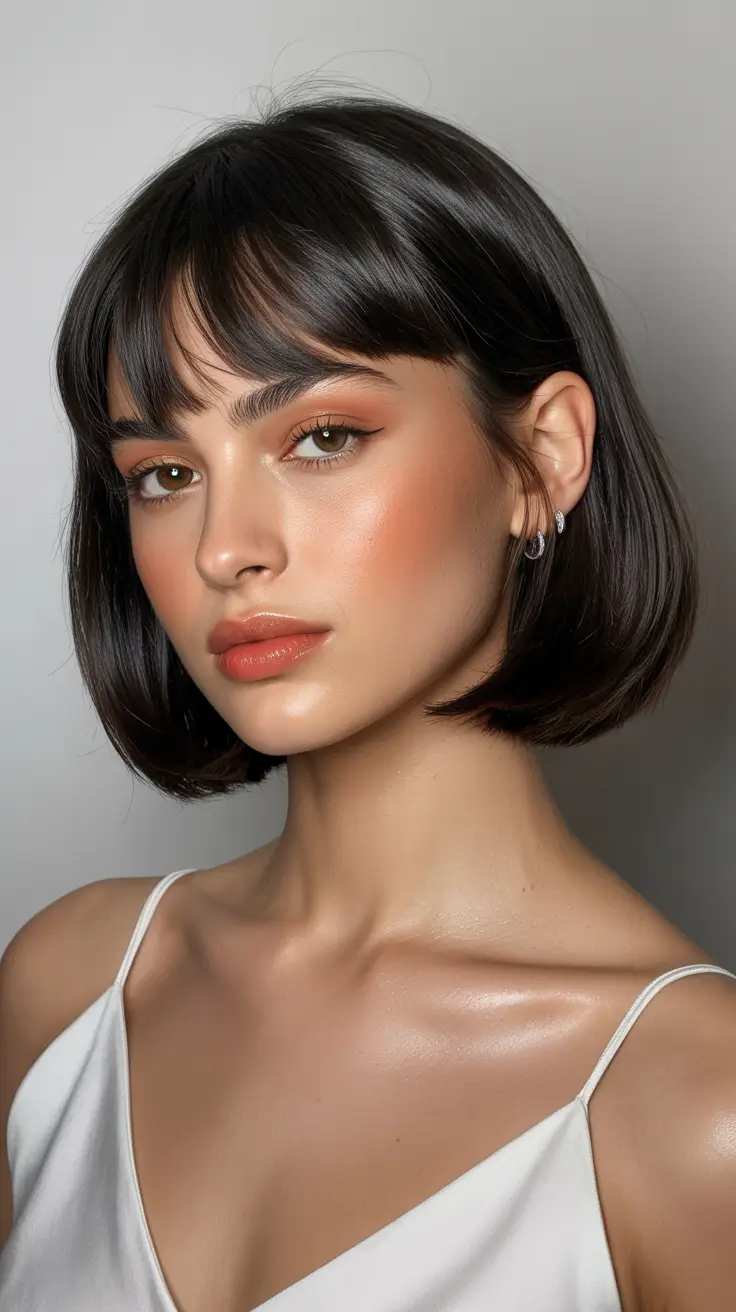 Short haircuts with bangs 2026 Soft Rounded Bob with Side-Framed Bangs