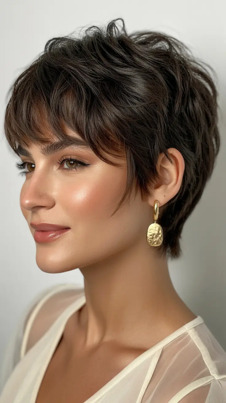 Short haircuts with bangs 2026 Chic Layered Pixie with Textured Bangs