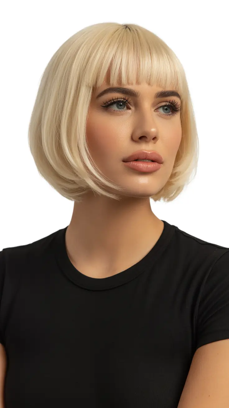 Short haircuts with bangs 2026 Platinum Rounded Bob with Blunt Bangs