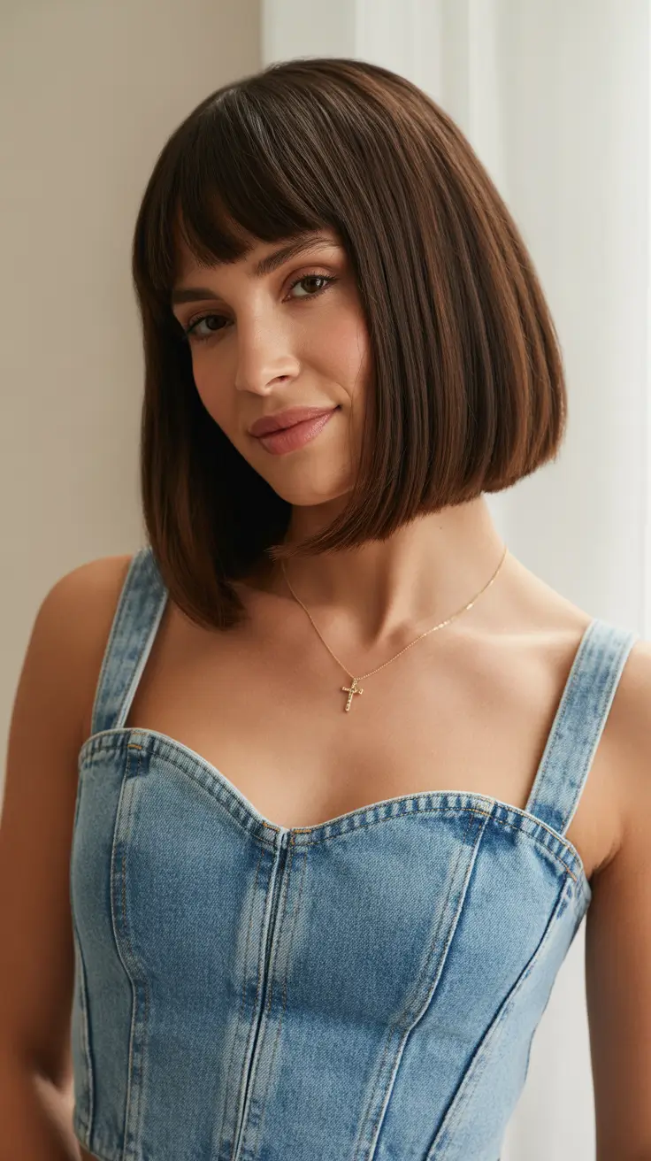 Short haircuts with bangs 2026 Soft Chocolate Lob with Face-Framing Bangs