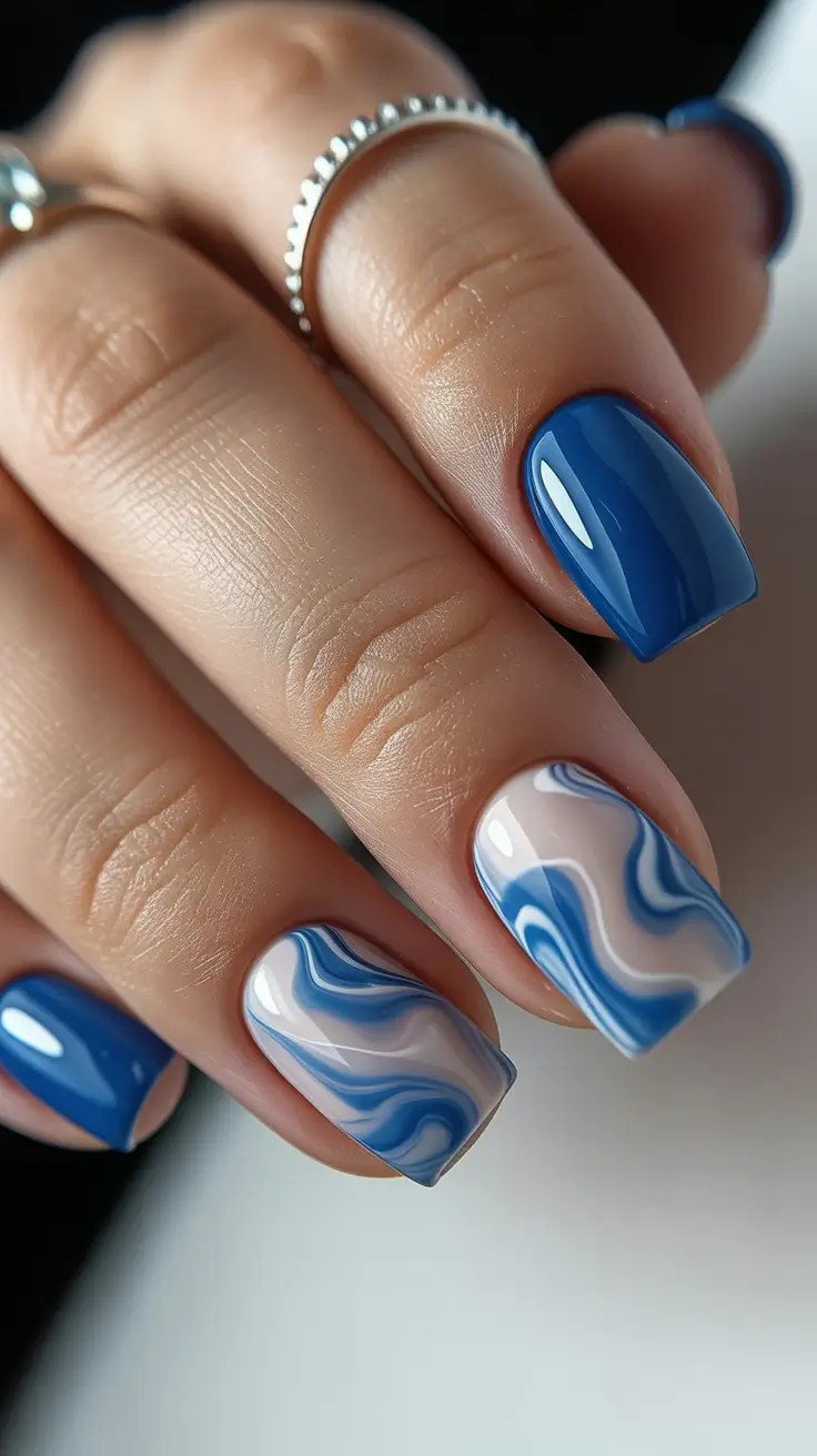 square nails inspiration 2026 Swirled Blue Marble for Cool-Toned Drama
