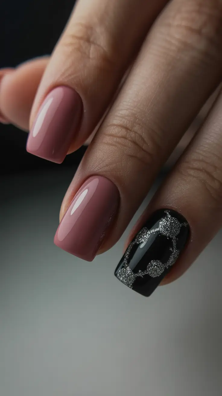 square nails inspiration 2026 Mauve Shine with Glittered Black Accent