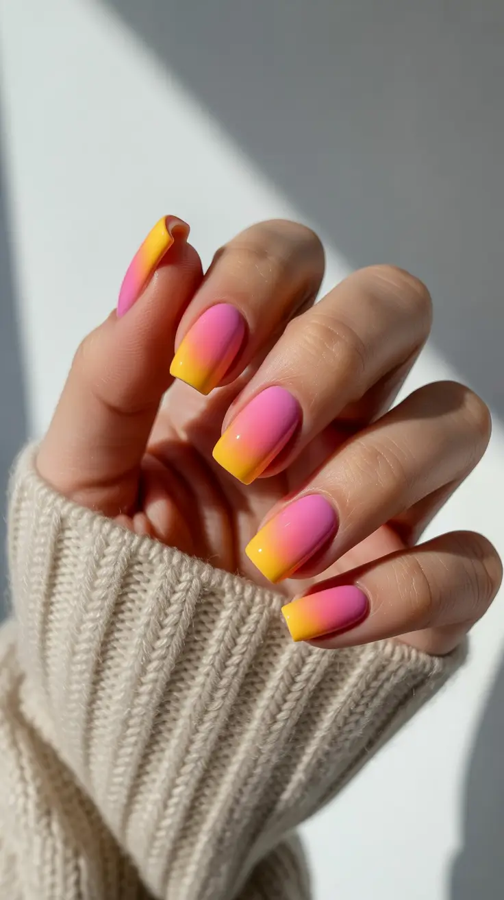 square nails inspiration 2026 Pink-to-Yellow Tropical Gradient