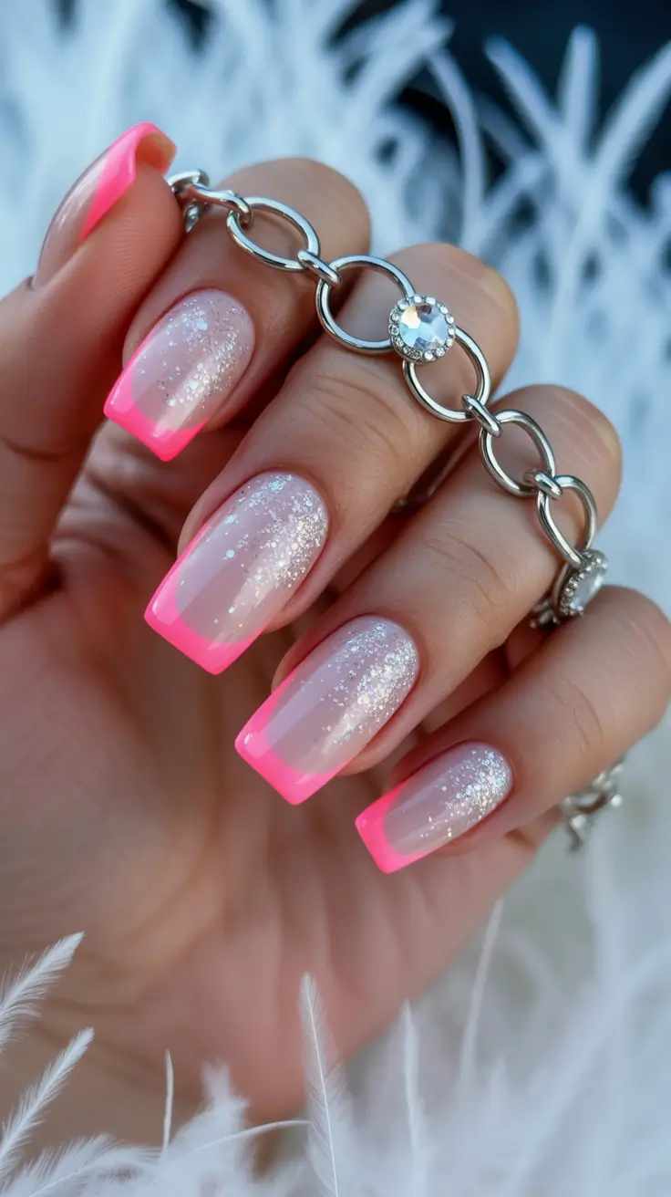 square nails inspiration 2026 Glitter-Kissed Pink French Glow