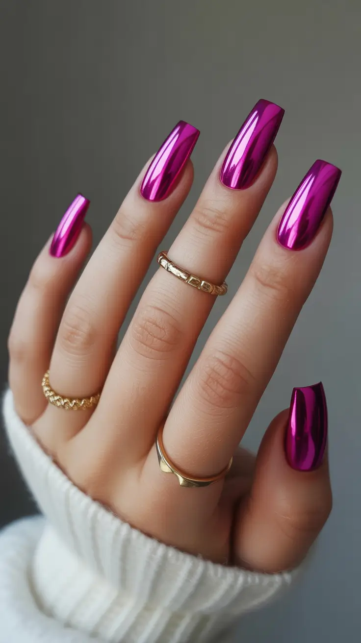 square nails inspiration 2026 Mirror-Finish Magenta Chrome