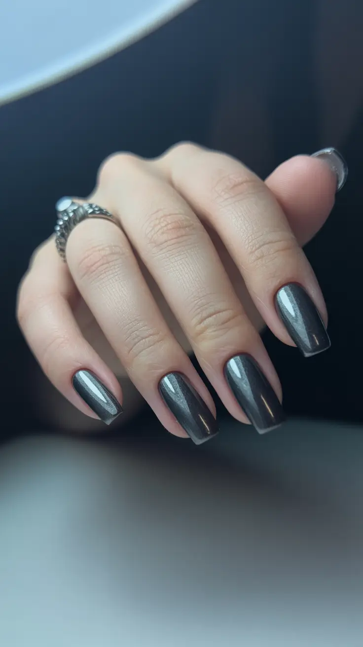 square nails inspiration 2026 Gunmetal Shimmer for Modern Edge