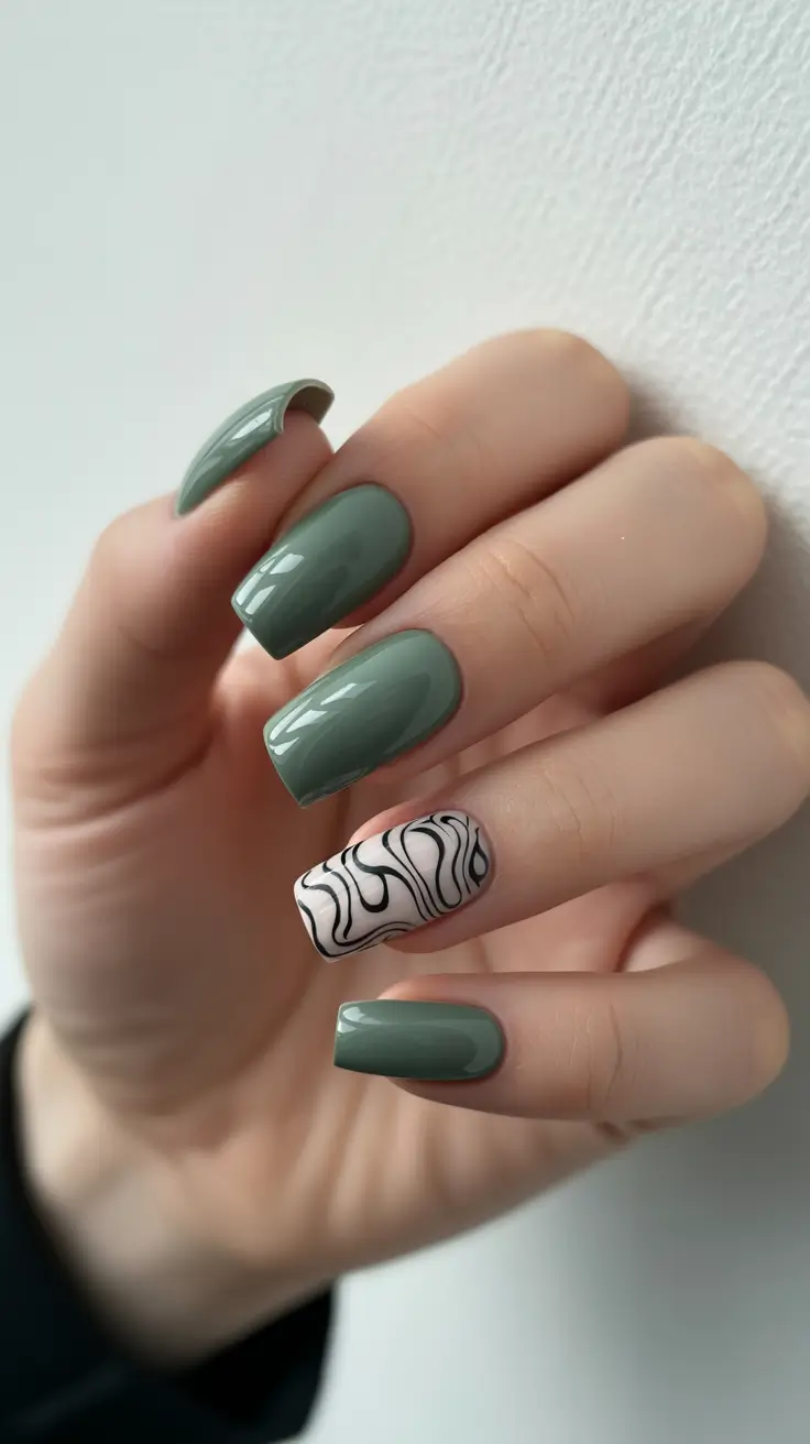 square nails inspiration 2026 Sage Green with Abstract Monochrome Art