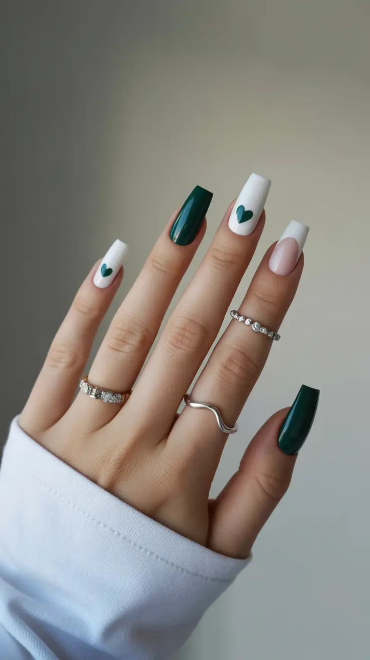 square nails inspiration 2026 Clean White Accents and Deep Green Contrast