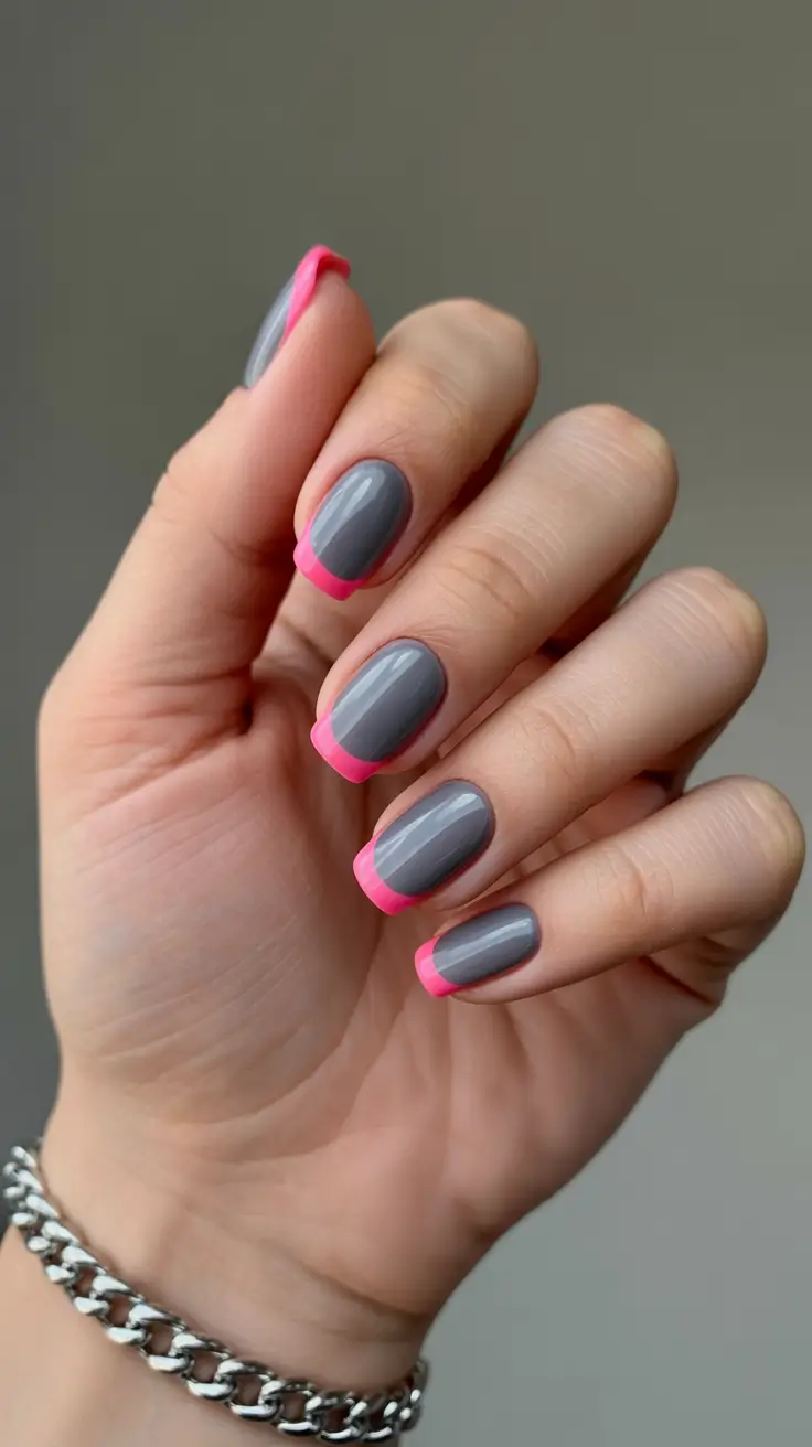 square nails inspiration 2026 Grey Gloss with Hot Pink French Tips