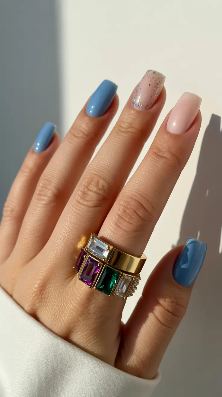 square nails inspiration 2026 Sky Blue and Soft Sparkle Mix