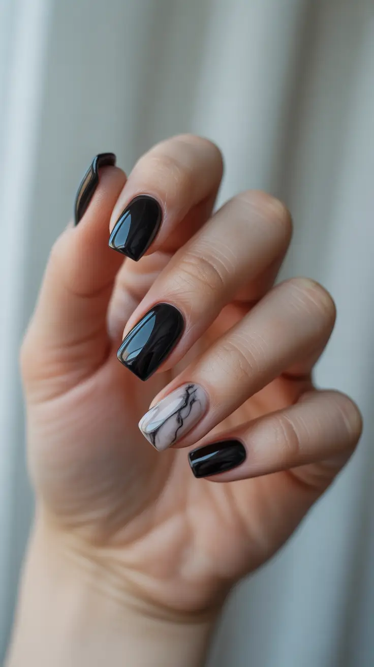 square nails inspiration 2026 High-Gloss Black with Soft Marble Accent