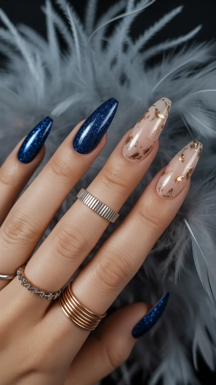 stiletto nails for 2026 Midnight Gold Contrast