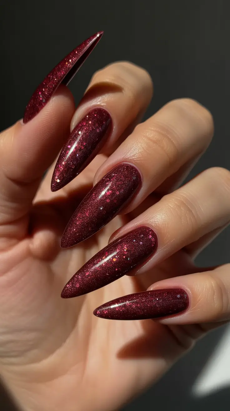 stiletto nails for 2026 Burgundy Stardust