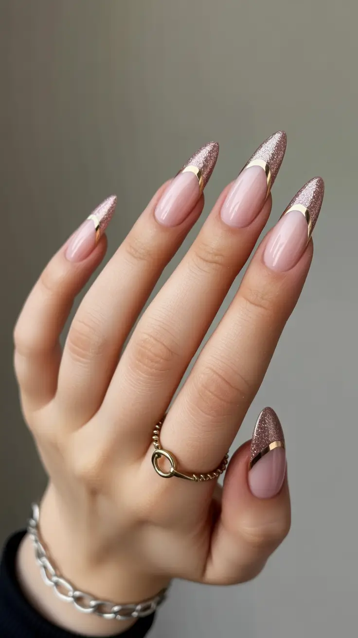 stylish almond nails 2026 Champagne Glitter Almond Luxe