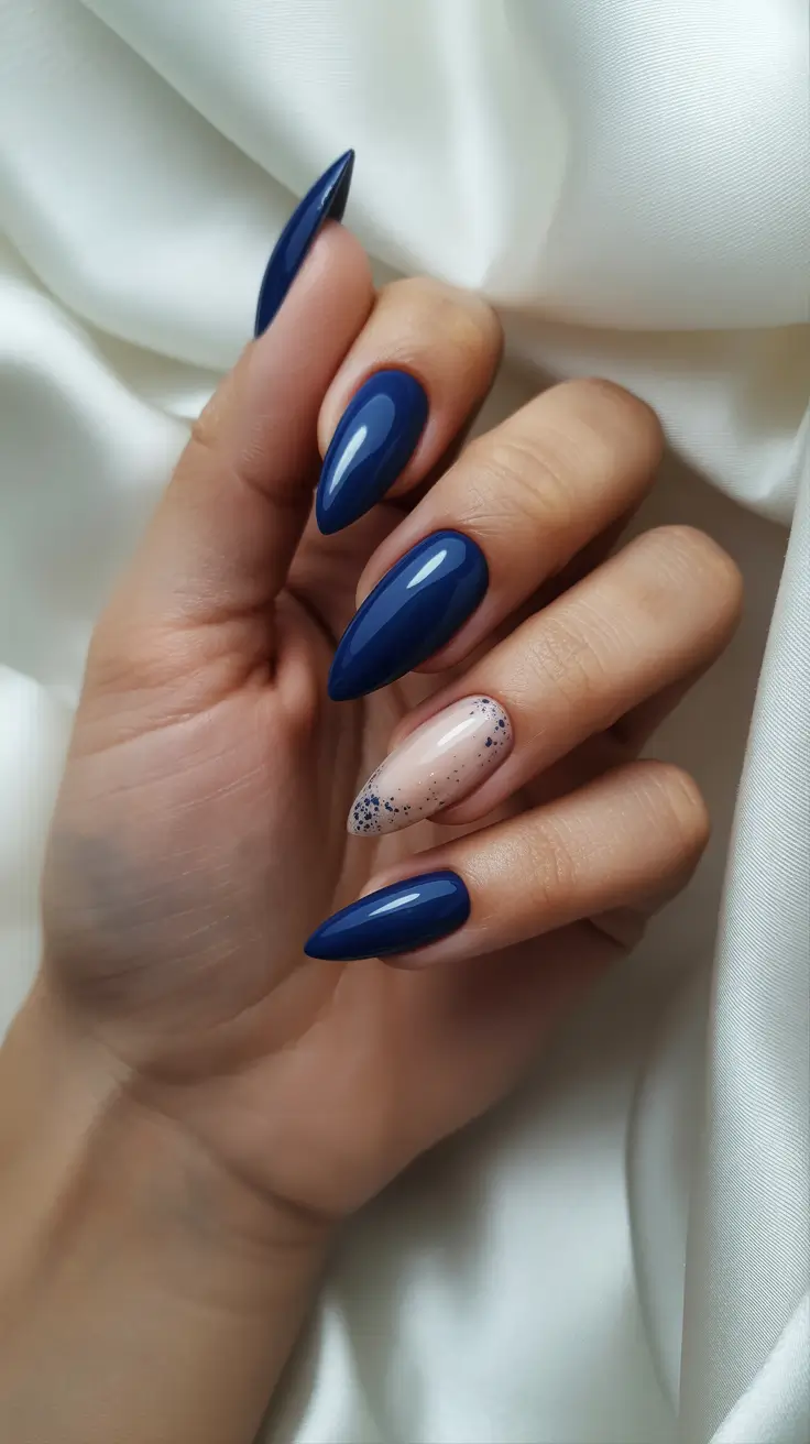 stylish almond nails 2026 Midnight Navy With Speckled Accent