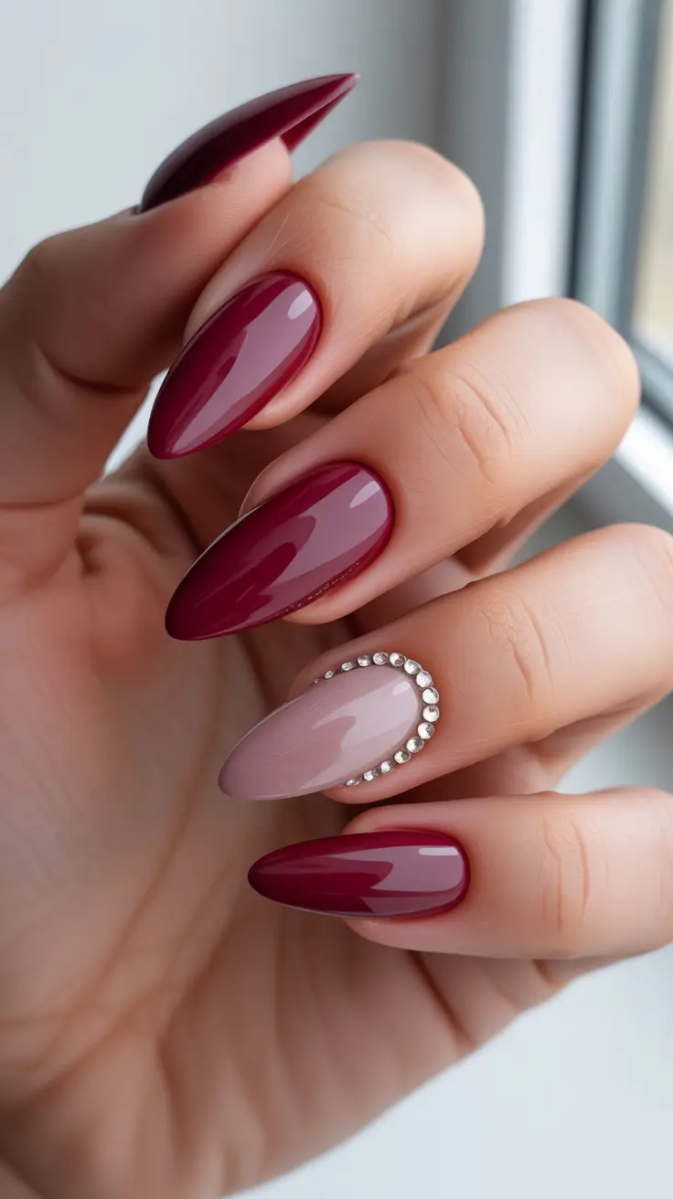 stylish almond nails 2026 Berry Almond Glam With Gem Framing