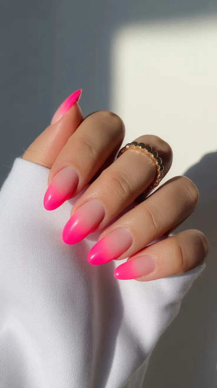 stylish almond nails 2026 Neon Pink Fade Almond Dream