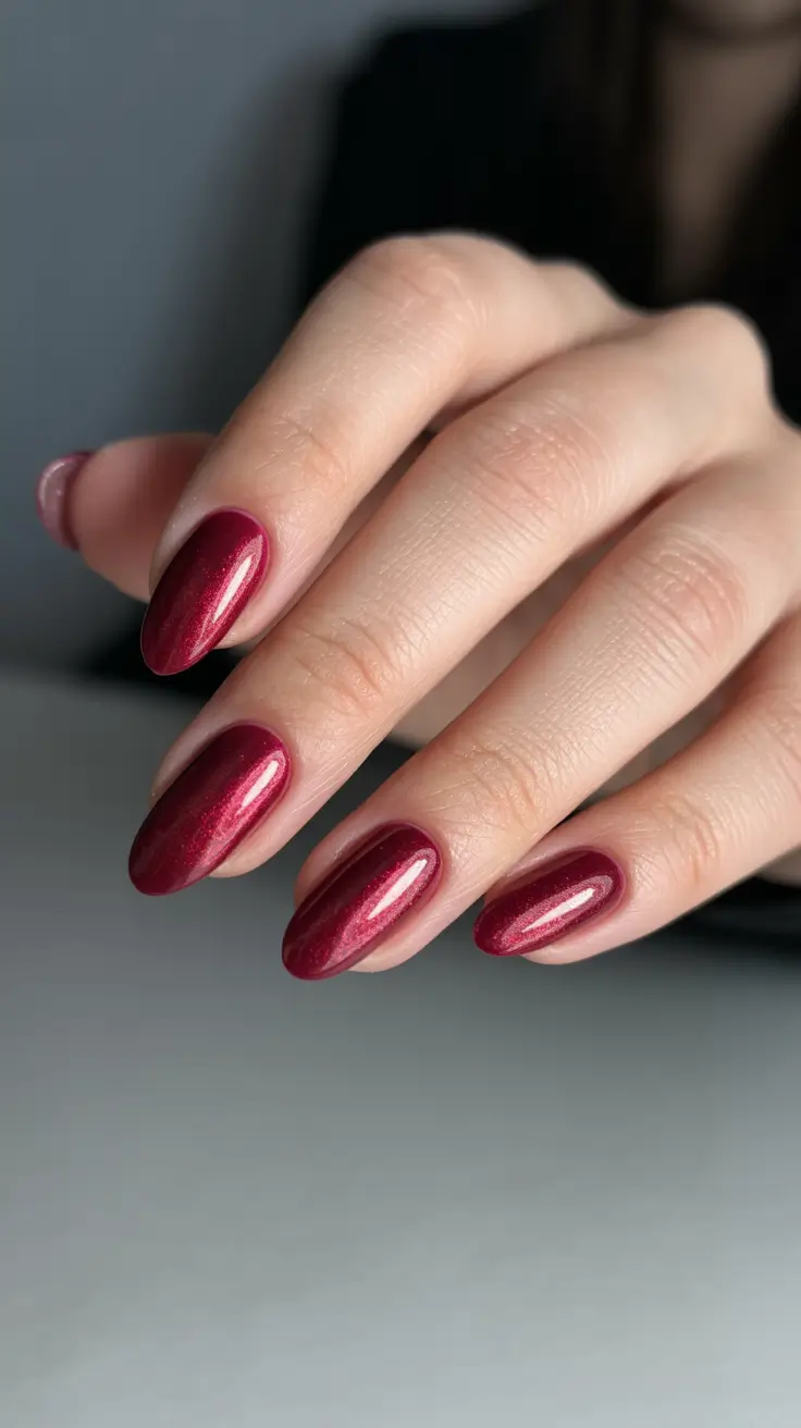 stylish almond nails 2026 Deep Ruby Almond Shimmer