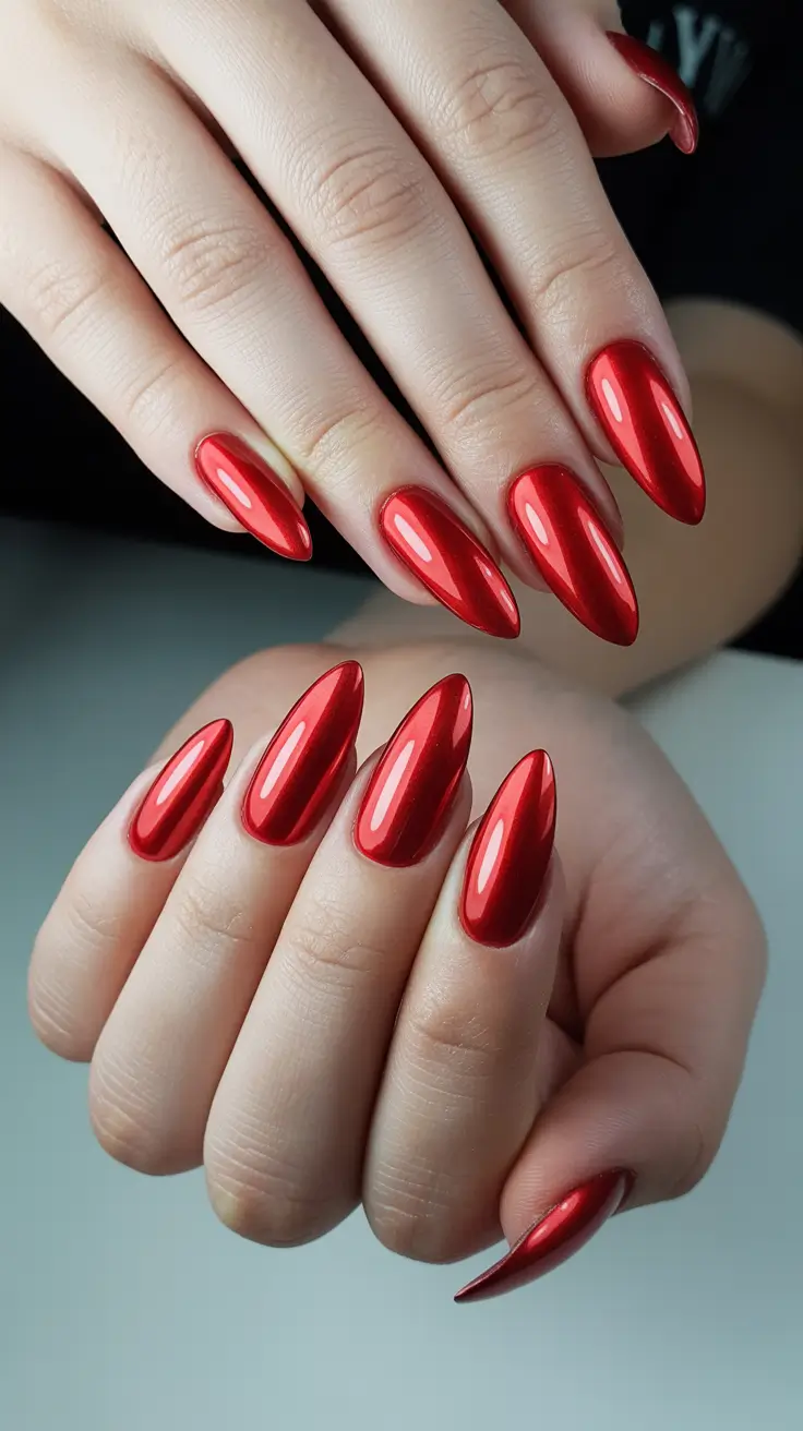 stylish almond nails 2026 Classic Red Mirror Almond Shine
