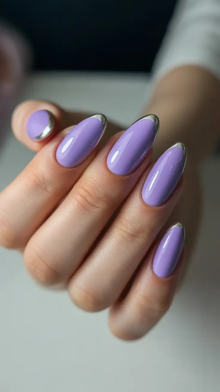 stylish almond nails 2026 Lavender Chrome-Tipped Almond Shine