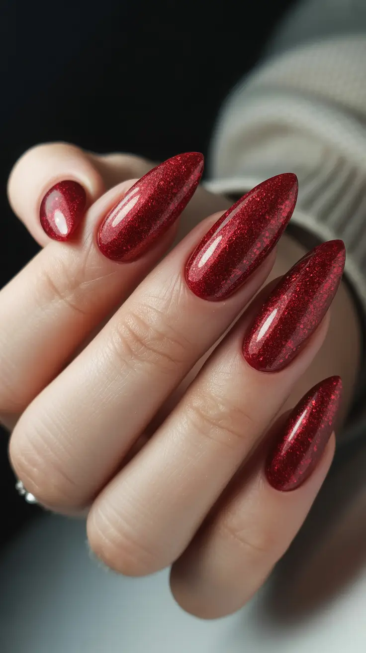 stylish almond nails 2026 Red Glitter Stardust Almonds