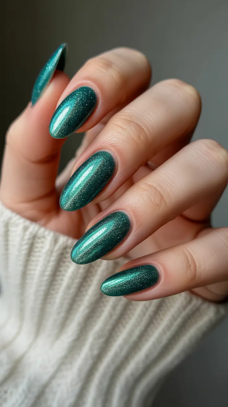 stylish almond nails 2026 Emerald Galaxy Almond Glow