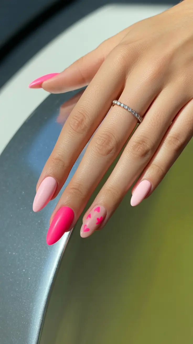 stylish almond nails 2026 Playful Pink Almond Mix With Hearts