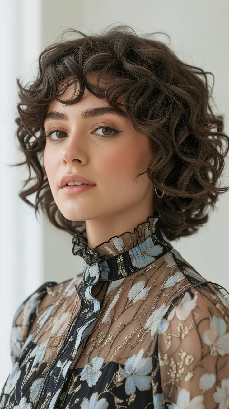 Stylish curly hairstyles 2026 Romantic Curly Bob With Soft Micro-Bangs