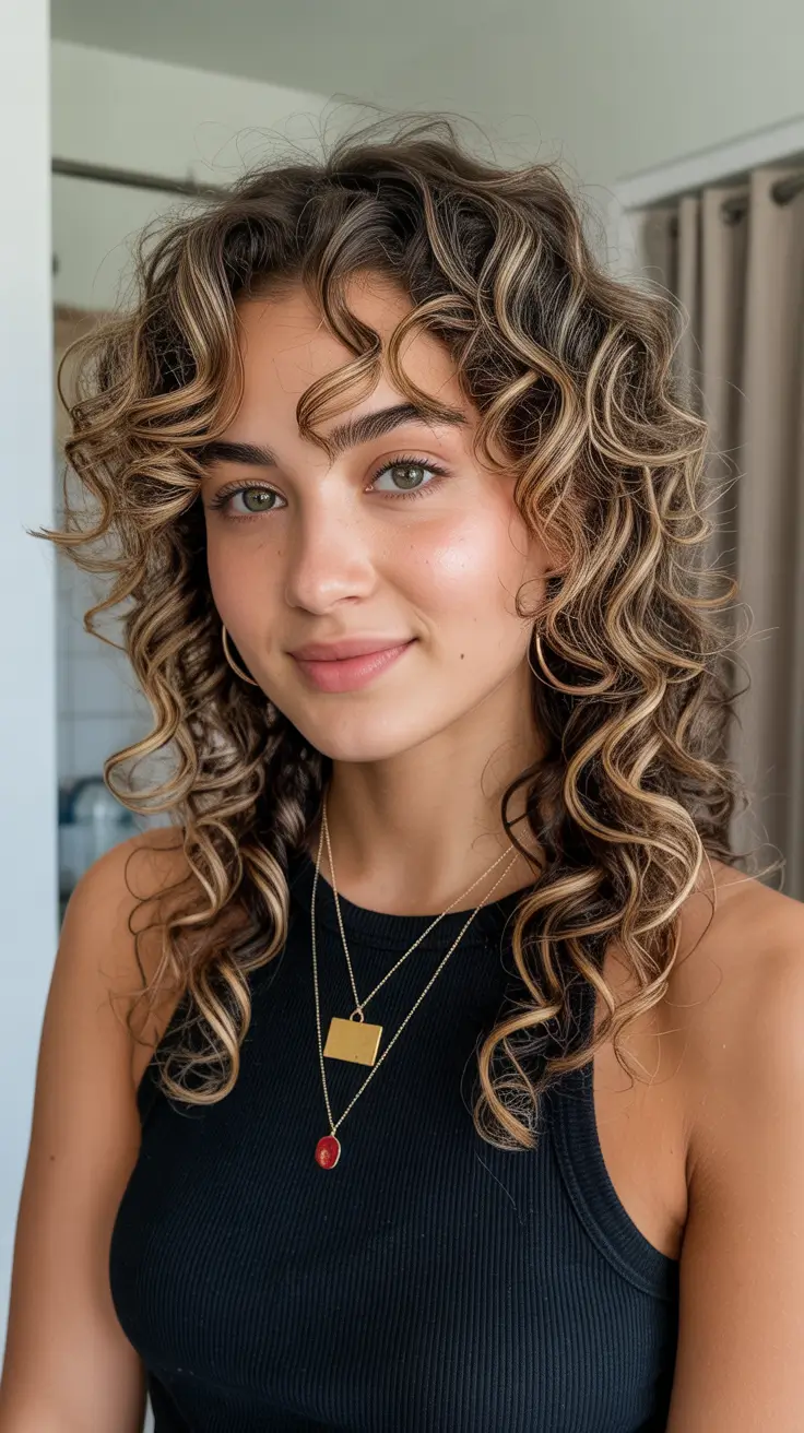 Stylish curly hairstyles 2026 Light Brown Curls With Playful Face-Framing Ribbons