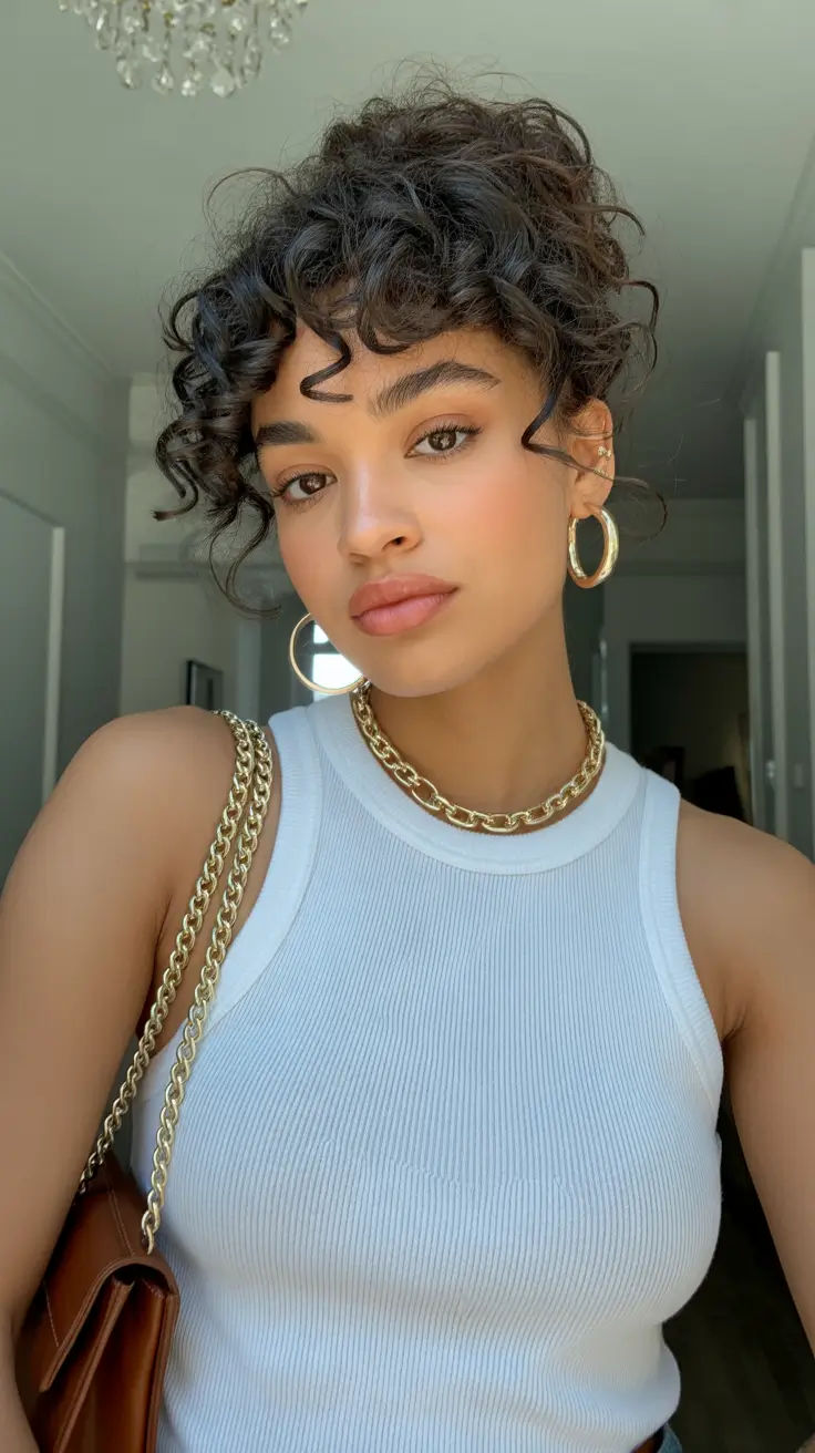 Stylish curly hairstyles 2026 Curly Updo With Lifted Crown and Playful Bangs