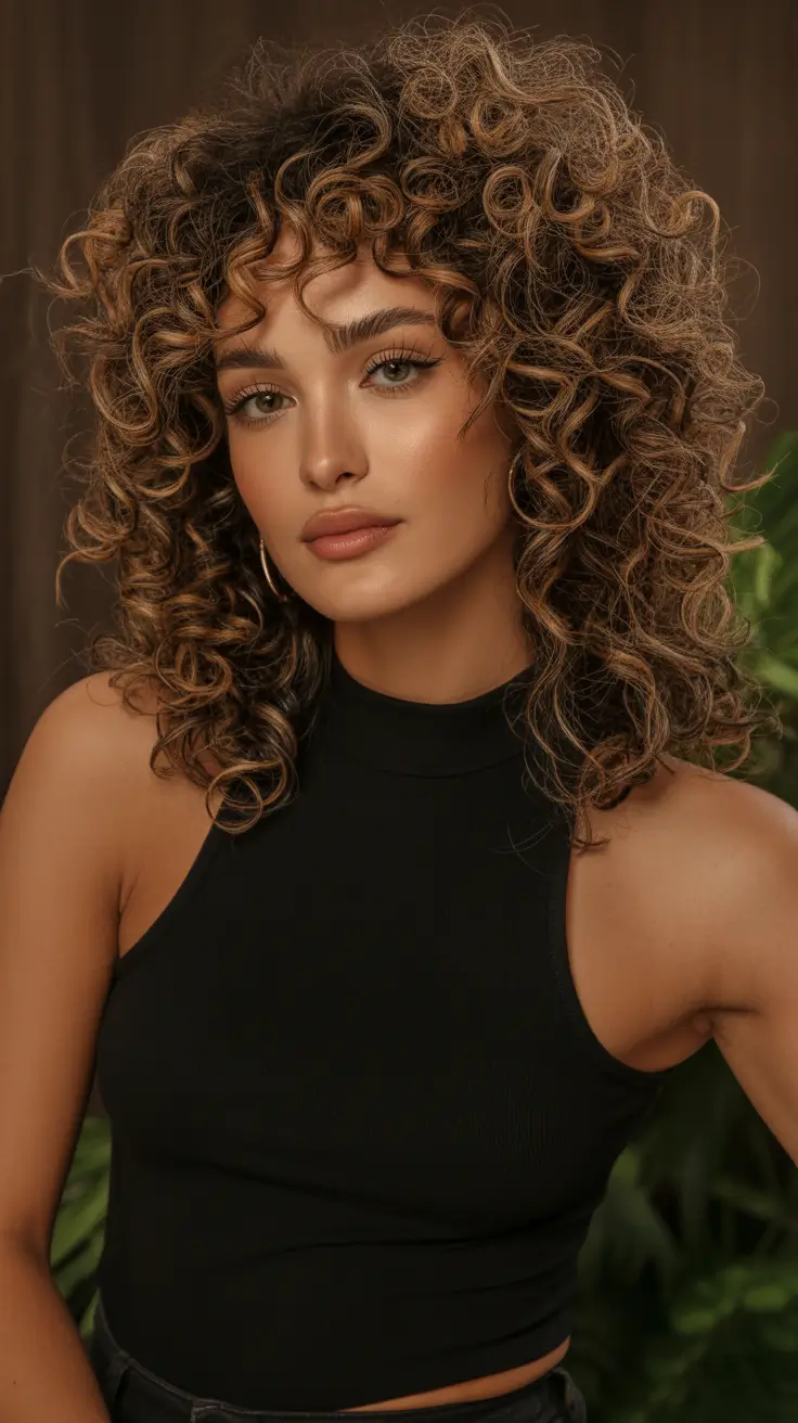 Stylish curly hairstyles 2026 Voluminous Caramel Curly Halo With Sculpted Fringe