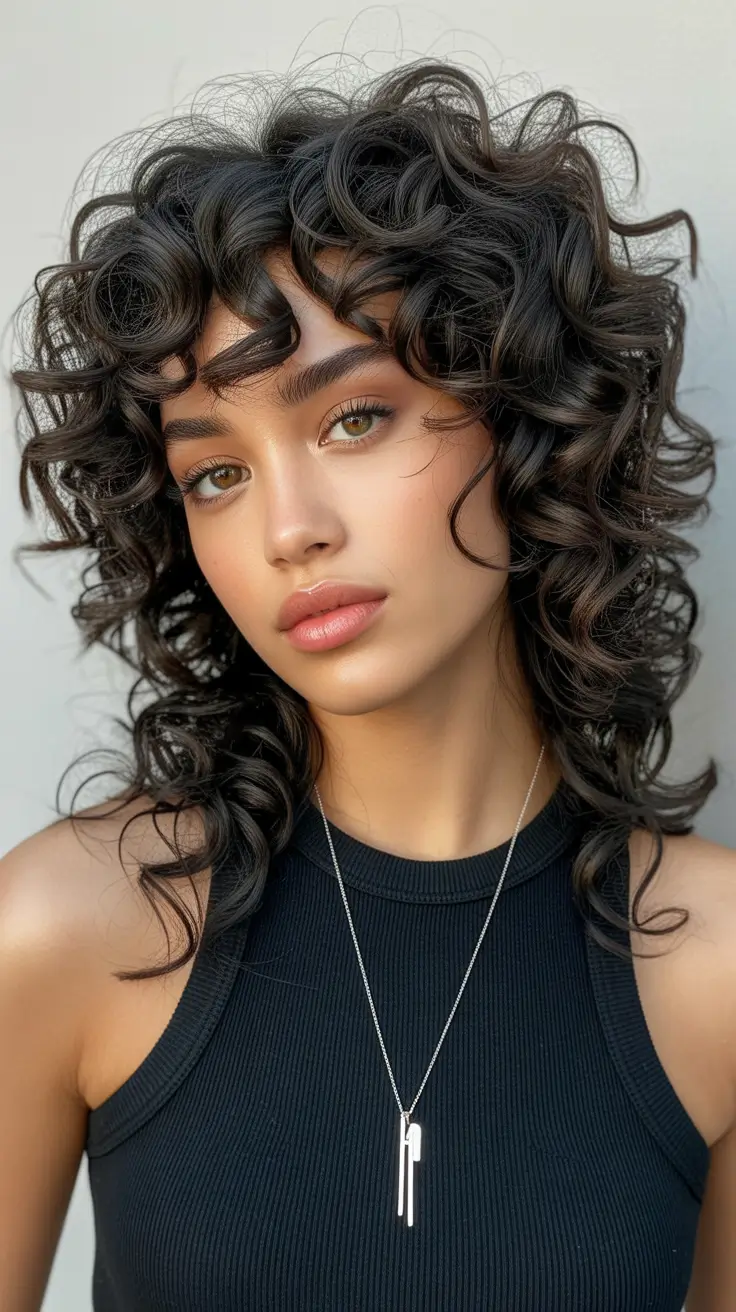 Stylish curly hairstyles 2026 Defined Curly Shag With Sculpted Bangs